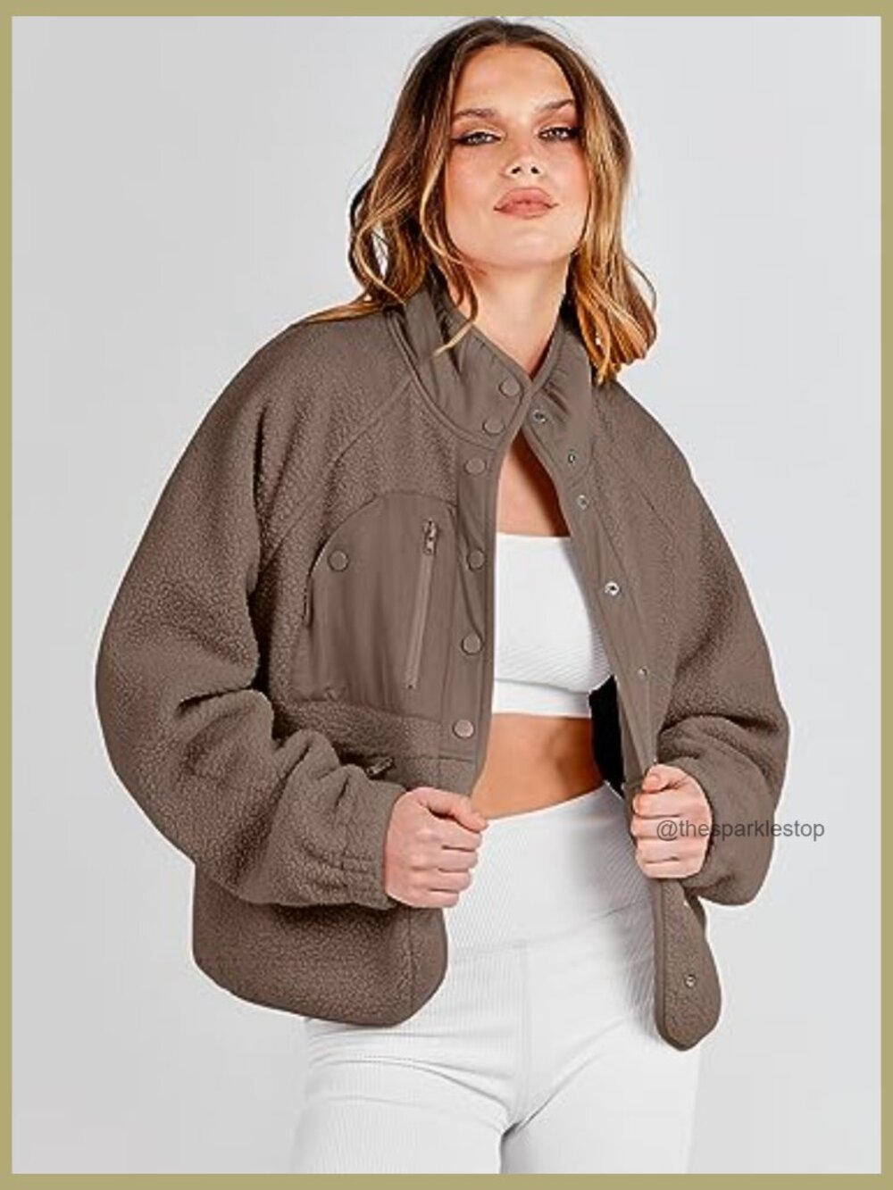 Fuzzy Fleece Cropped Sherpa Jacket with Pockets - Picture 2 of 7